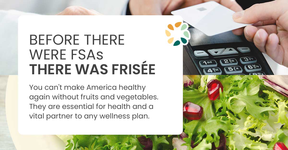 Image of a hand holding a card by a card reader, with text about frisée and wellness, alongside fresh greens.