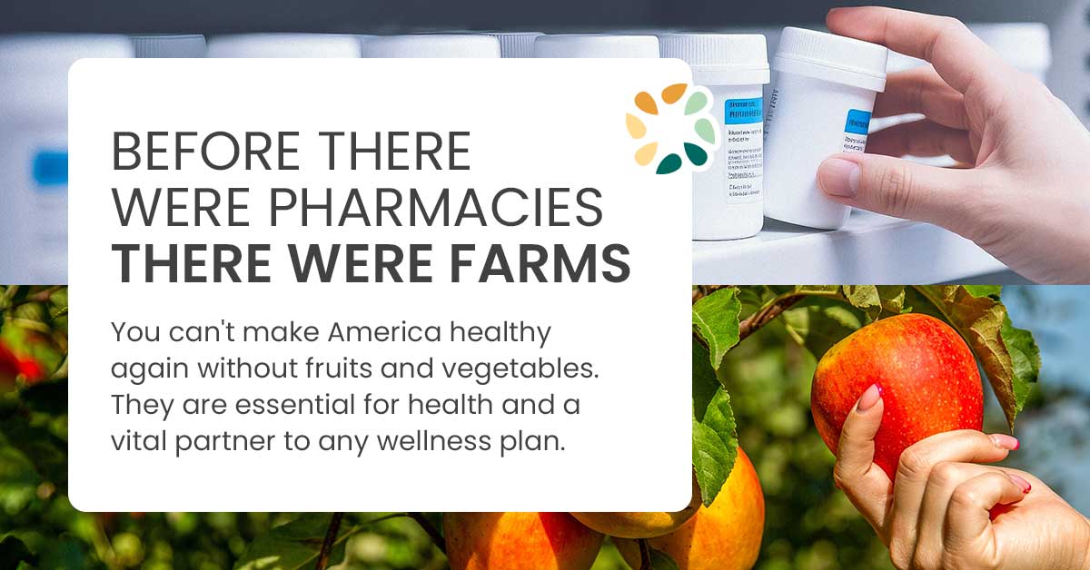 A hand reaching for a pill bottle on a shelf above a hand picking a red apple from a tree.