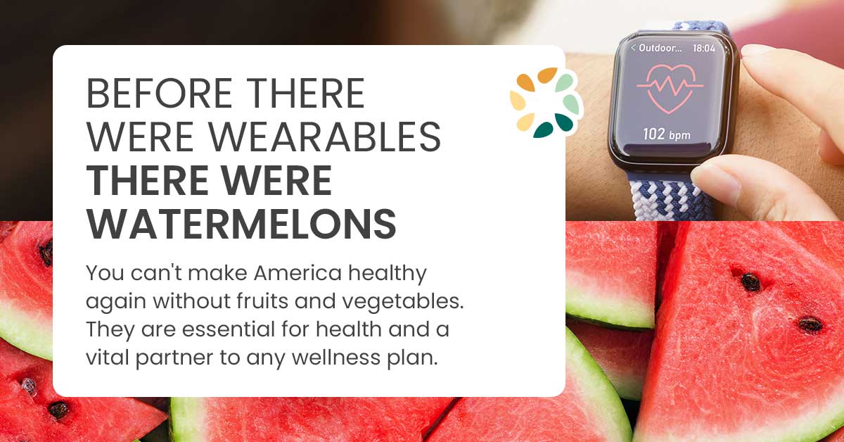 Divided image with text about watermelons and health, a smartwatch displaying a heart rate, and sliced watermelon.