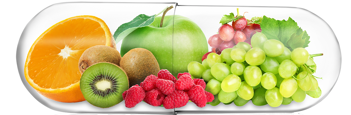 A transparent capsule filled with various fruits including an orange, kiwis, raspberries, a green apple, and grapes.