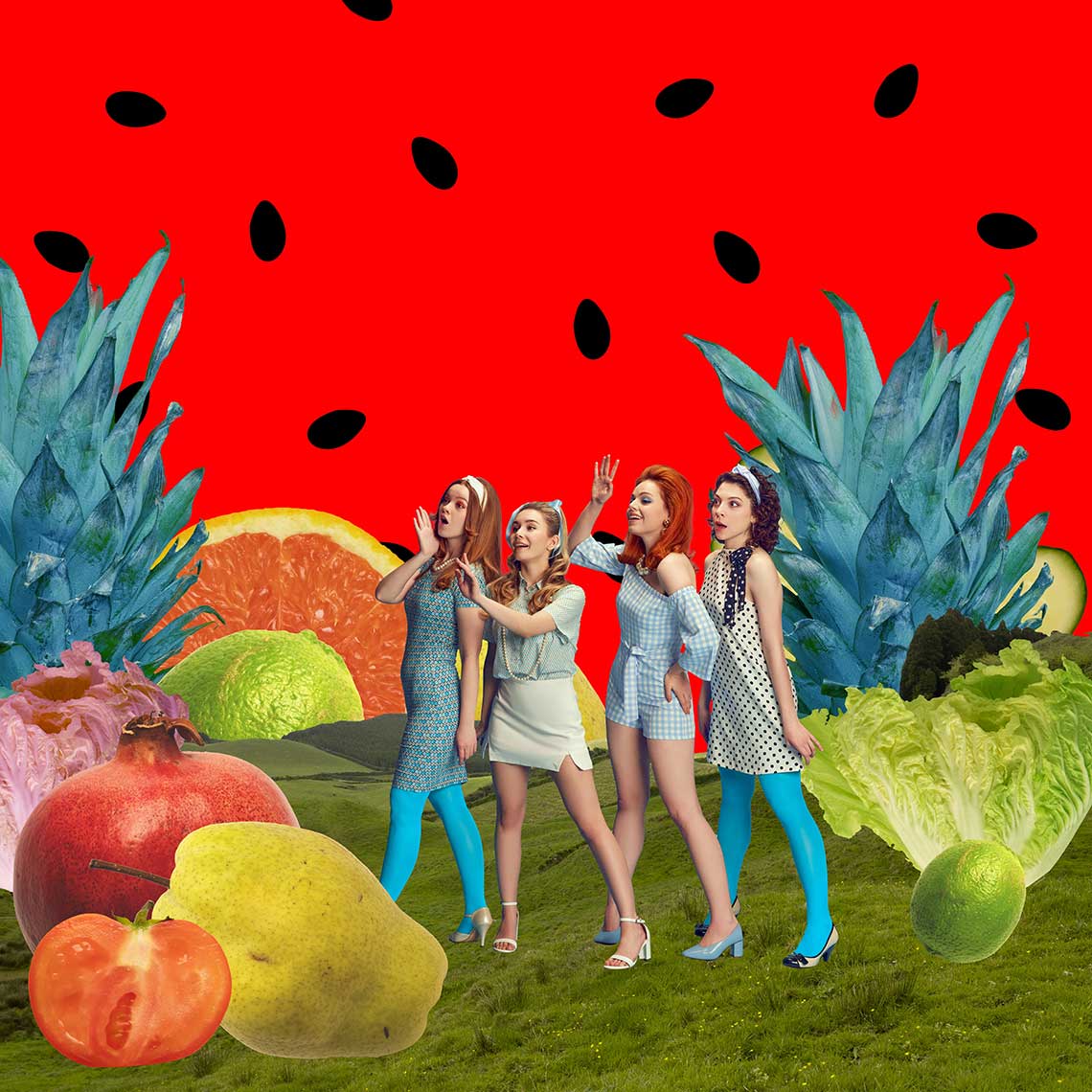eautiful young women in stylish clothes standing gains abstract background with fruits and vegetables. Creative colorful design.