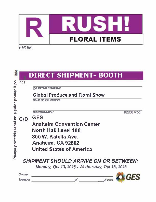Floral GES Direct Shipping Label not refrigerated to booth GPFS 2025