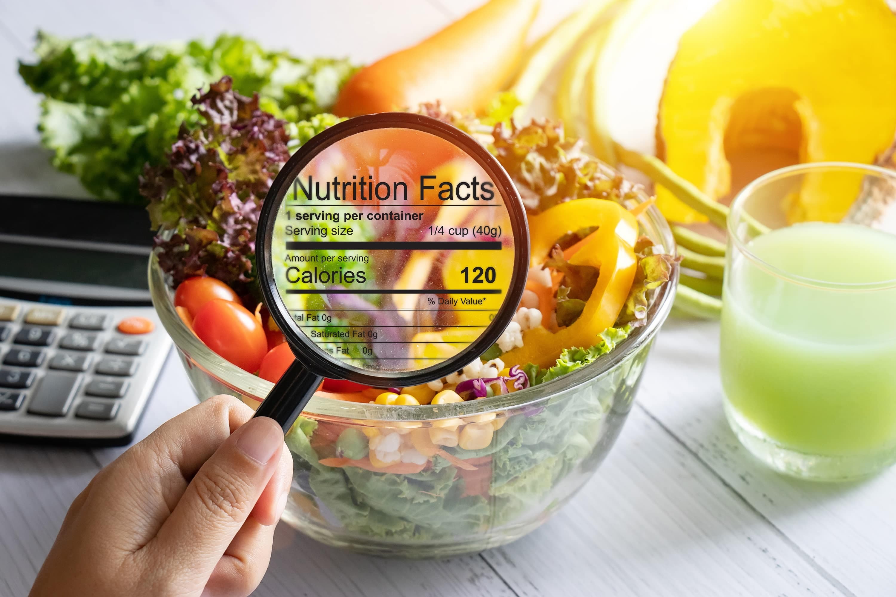 Magnifying glass reveals nutritional information for a bowl of salad